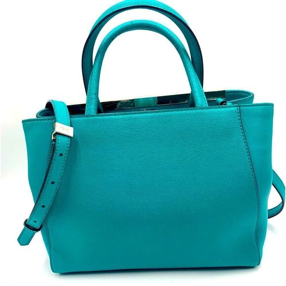 Auth Fendi 2Jours Petit 2way Turquoise Lagoon Saffiano Leather Tote Bag Preloved - Picture 11 of 16